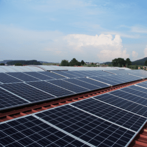 A large array of solar panels on the roof of a building.