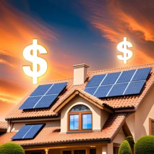 A house with solar panels on the roof and dollar signs above it.