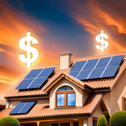A house with solar panels on the roof and dollar signs above it.