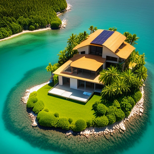 A small island with a house and pool in it